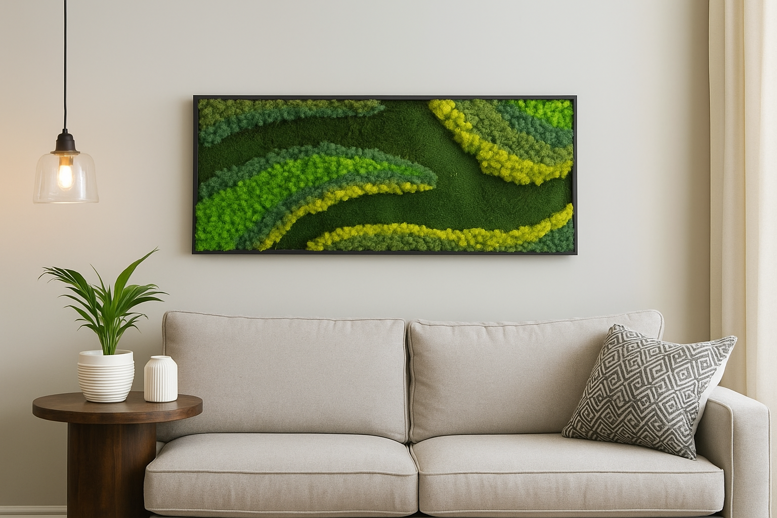 Living room with a beige sofa, decorative pillow, small table with plant, and framed nature artwork on the wall.